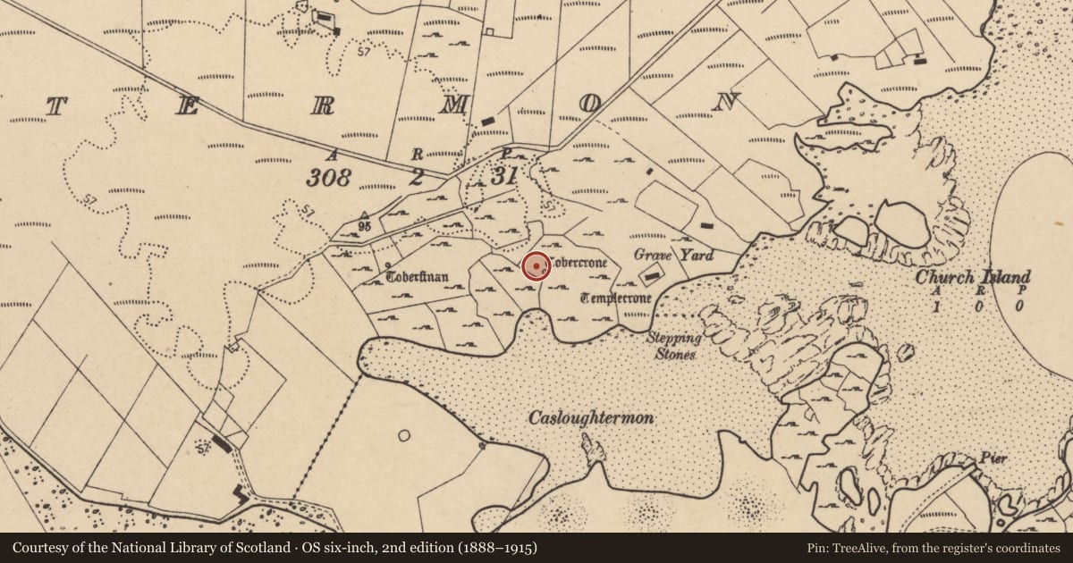 Ordnance Survey six-inch map, 2nd edition (1888–1915) covering the location of Ritual site - holy well, An Tearmann, County Donegal, with a pin at the register's coordinates