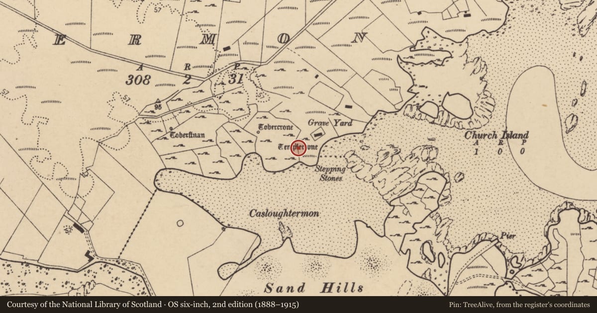 Ordnance Survey six-inch map, 2nd edition (1888–1915) covering the location of Penitential station, An Tearmann, County Donegal, with a pin at the register's coordinates