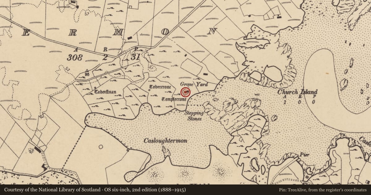 Ordnance Survey six-inch map, 2nd edition (1888–1915) covering the location of Graveyard, An Tearmann, County Donegal, with a pin at the register's coordinates