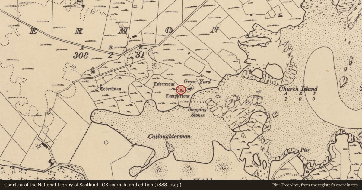 Ordnance Survey six-inch map, 2nd edition (1888–1915) covering the location of Building, An Tearmann, County Donegal, with a pin at the register's coordinates
