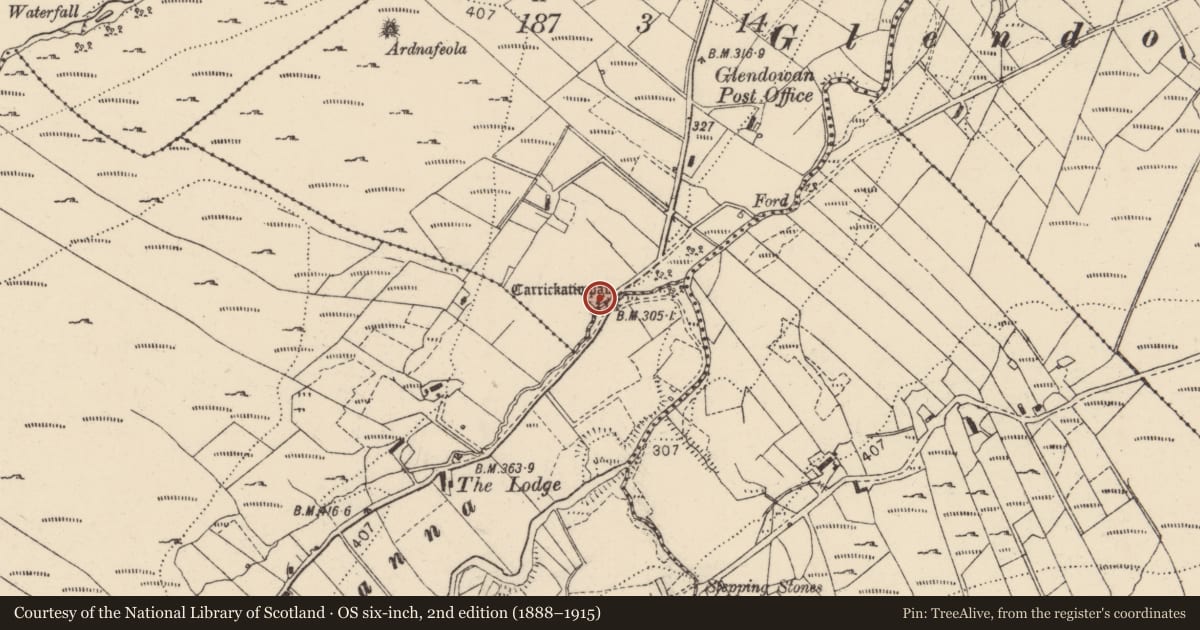 Ordnance Survey six-inch map, 2nd edition (1888–1915) covering the location of Megalithic structure, An Srath Mór, County Donegal, with a pin at the register's coordinates