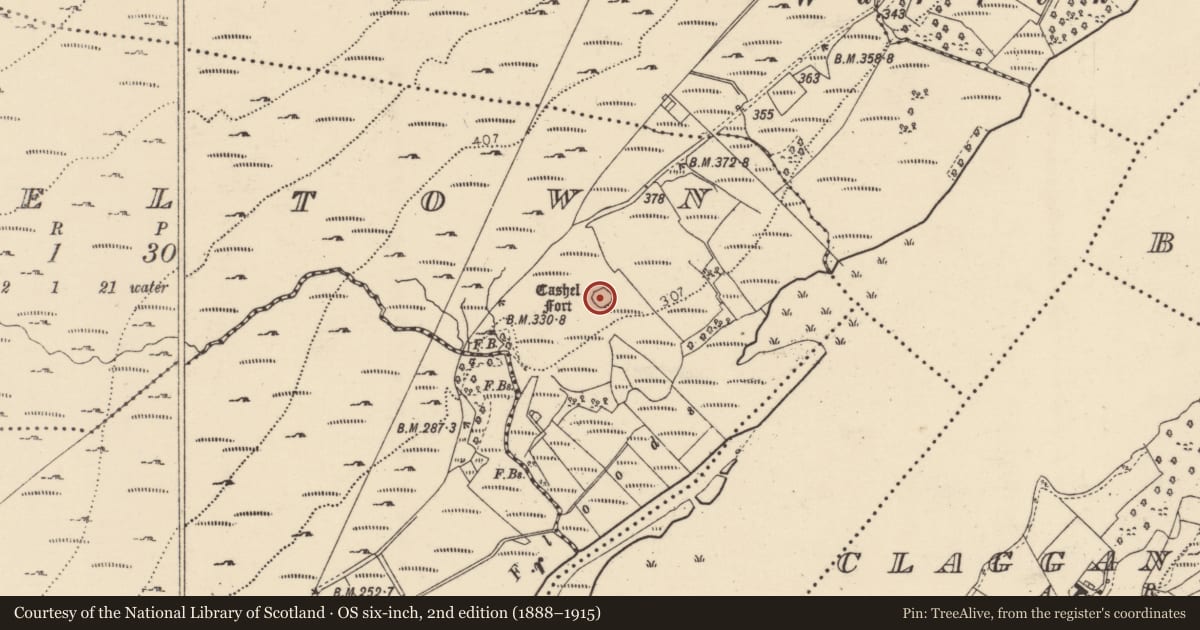 Ordnance Survey six-inch map, 2nd edition (1888–1915) covering the location of Ringfort - cashel, Casheltown, County Donegal, with a pin at the register's coordinates