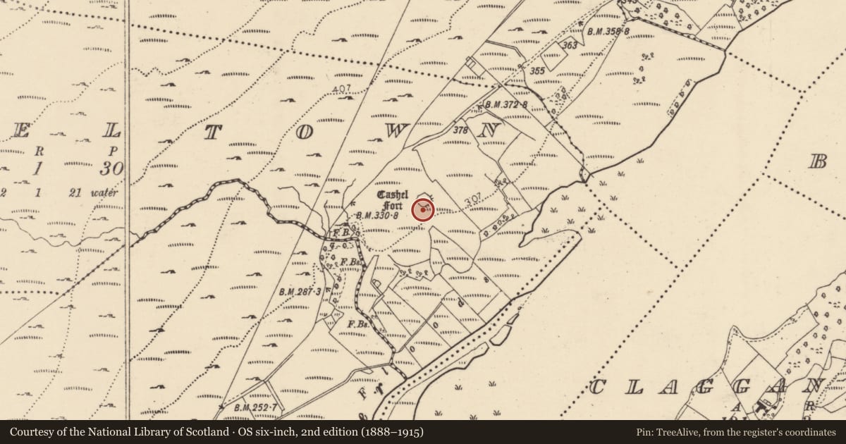 Ordnance Survey six-inch map, 2nd edition (1888–1915) covering the location of Structure, Casheltown, County Donegal, with a pin at the register's coordinates