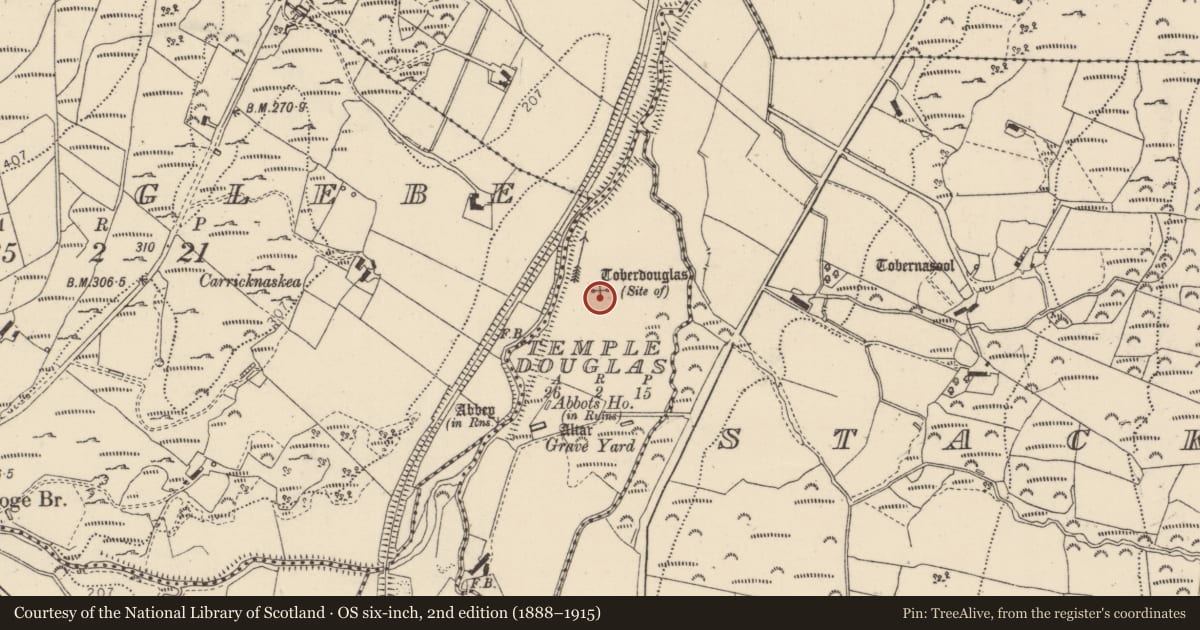 Ordnance Survey six-inch map, 2nd edition (1888–1915) covering the location of Ritual site - holy well, Templedouglas, County Donegal, with a pin at the register's coordinates
