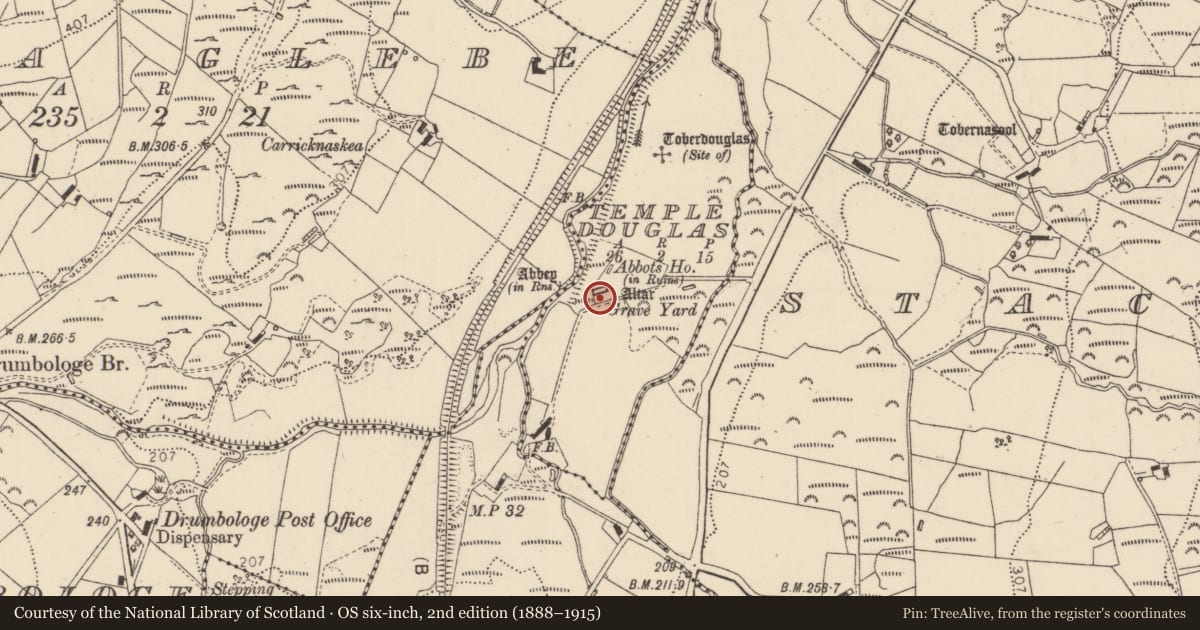 Ordnance Survey six-inch map, 2nd edition (1888–1915) covering the location of Church, Templedouglas, County Donegal, with a pin at the register's coordinates