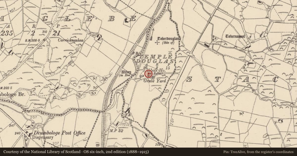 Ordnance Survey six-inch map, 2nd edition (1888–1915) covering the location of Architectural fragment, Templedouglas, County Donegal, with a pin at the register's coordinates