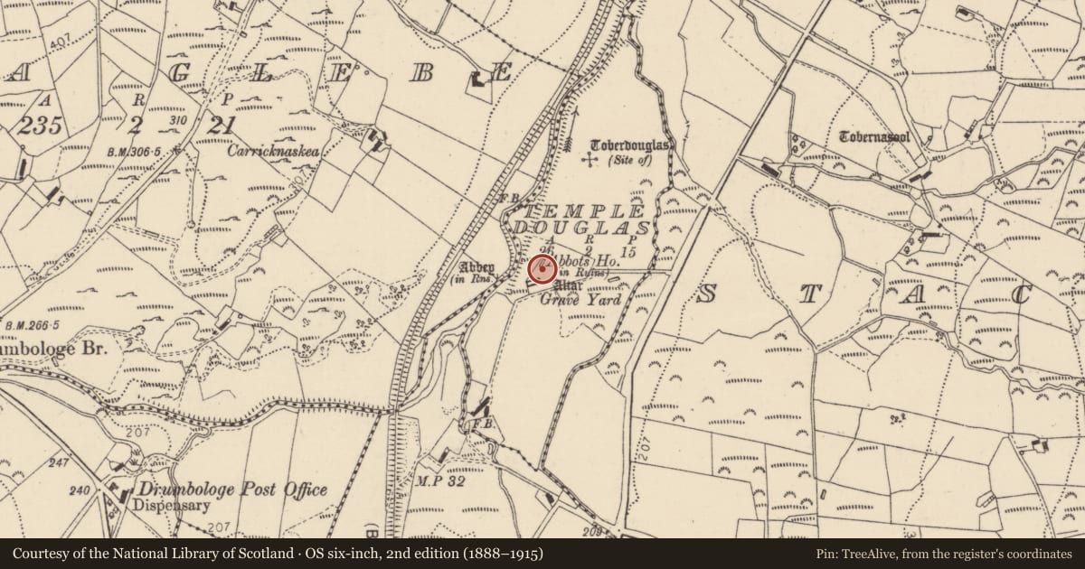 Ordnance Survey six-inch map, 2nd edition (1888–1915) covering the location of Penitential station, Templedouglas, County Donegal, with a pin at the register's coordinates
