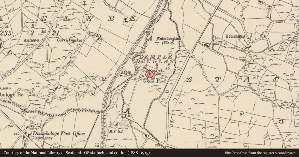 Ordnance Survey six-inch map, 2nd edition (1888–1915) covering the location of Monumental structure, Templedouglas, County Donegal, with a pin at the register's coordinates