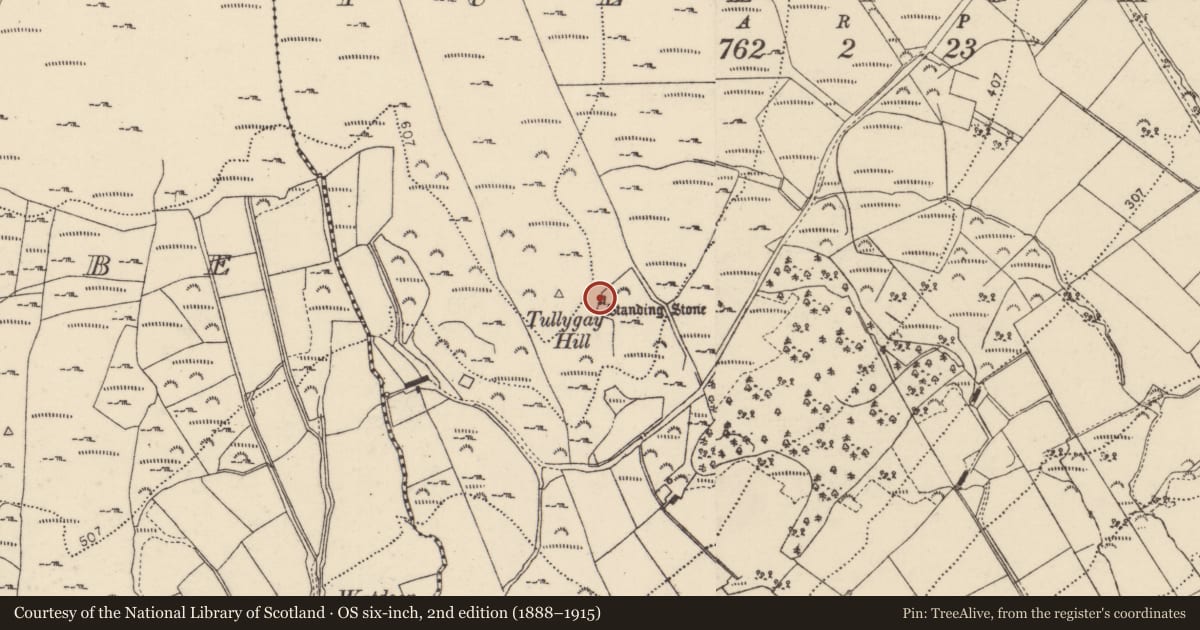 Ordnance Survey six-inch map, 2nd edition (1888–1915) covering the location of Standing stone, Tullygay, County Donegal, with a pin at the register's coordinates