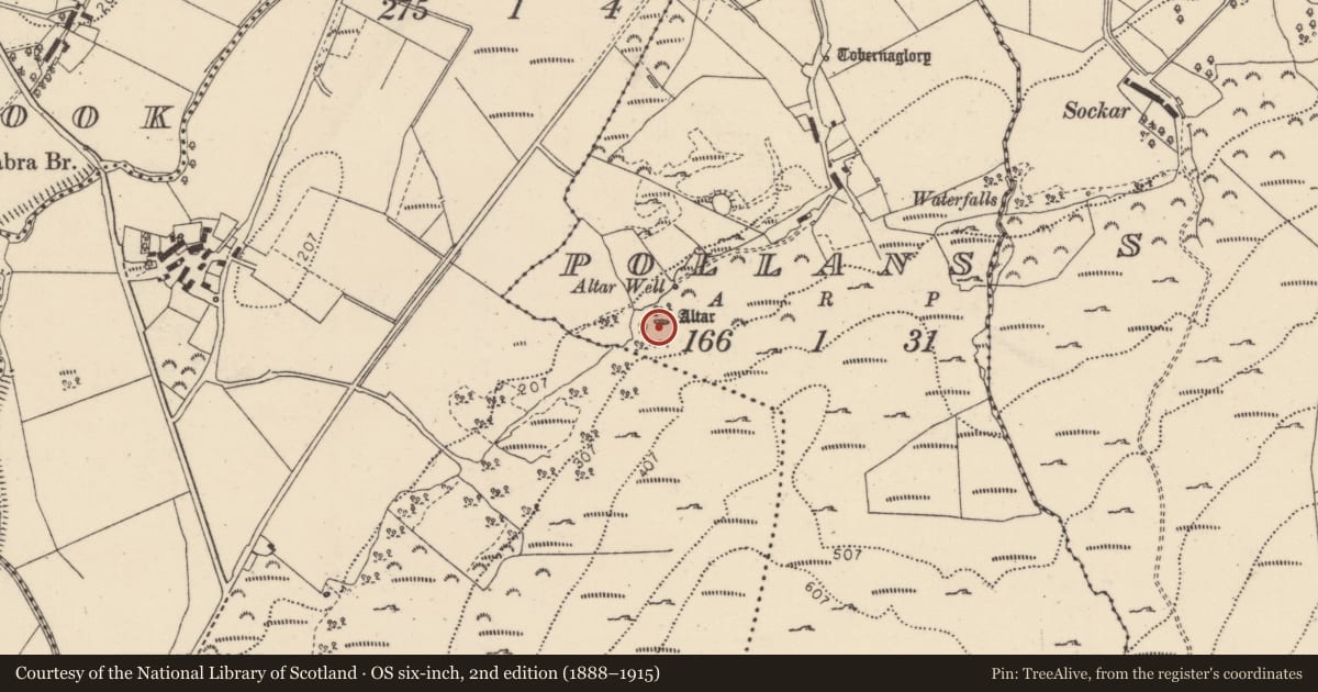 Ordnance Survey six-inch map, 2nd edition (1888–1915) covering the location of Penal Mass station, Pollans, County Donegal, with a pin at the register's coordinates