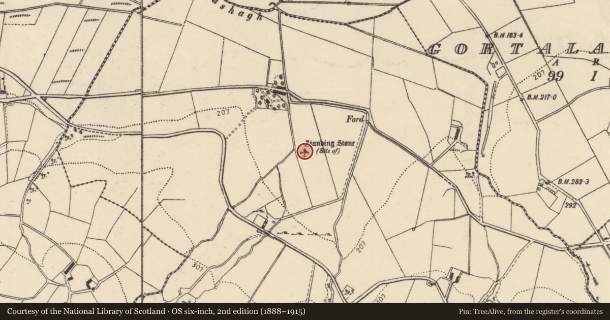 Ordnance Survey six-inch map, 2nd edition (1888–1915) covering the location of Standing stone, Garrowcarry, County Donegal, with a pin at the register's coordinates