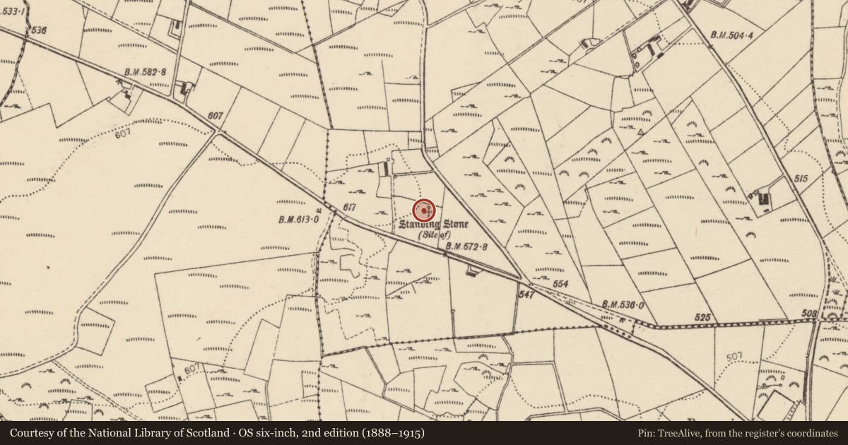 Ordnance Survey six-inch map, 2nd edition (1888–1915) covering the location of Standing stone, Killyclug, County Donegal, with a pin at the register's coordinates