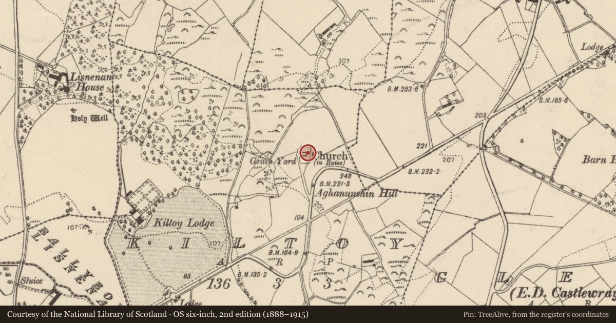 Ordnance Survey six-inch map, 2nd edition (1888–1915) covering the location of Church, Kiltoy, County Donegal, with a pin at the register's coordinates