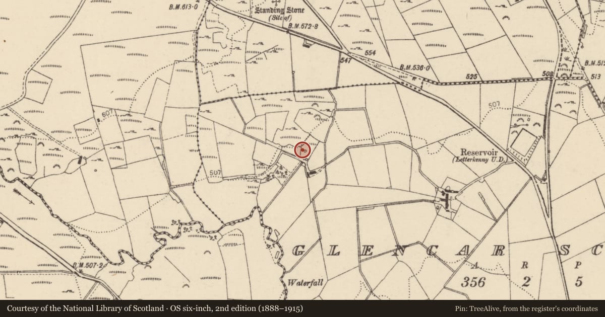 Ordnance Survey six-inch map, 2nd edition (1888–1915) covering the location of Megalithic tomb - unclassified, Glencar Scotch, County Donegal, with a pin at the register's coordinates