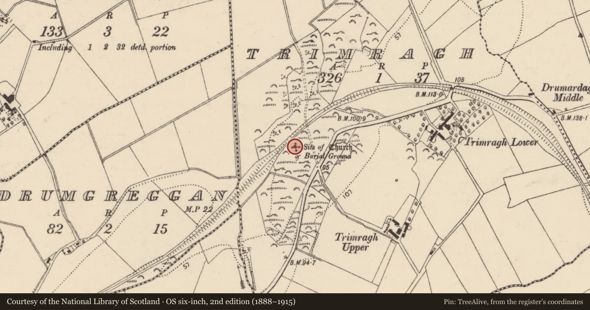 Ordnance Survey six-inch map, 2nd edition (1888–1915) covering the location of Church, Trimragh, County Donegal, with a pin at the register's coordinates
