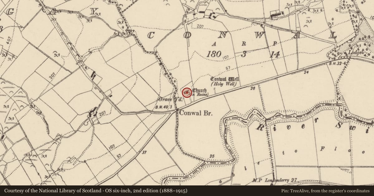 Ordnance Survey six-inch map, 2nd edition (1888–1915) covering the location of Church, Conwal, County Donegal, with a pin at the register's coordinates