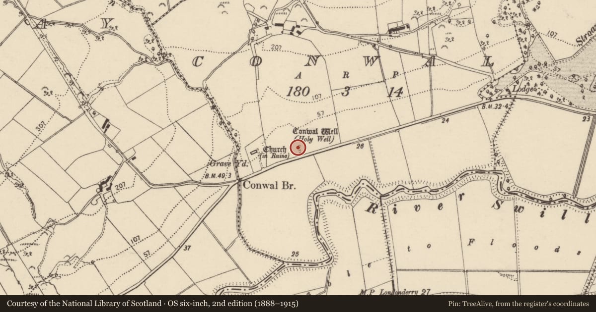 Ordnance Survey six-inch map, 2nd edition (1888–1915) covering the location of Ritual site - holy well, Conwal, County Donegal, with a pin at the register's coordinates