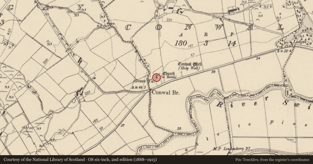 Ordnance Survey six-inch map, 2nd edition (1888–1915) covering the location of Cross-slab, Conwal, County Donegal, with a pin at the register's coordinates