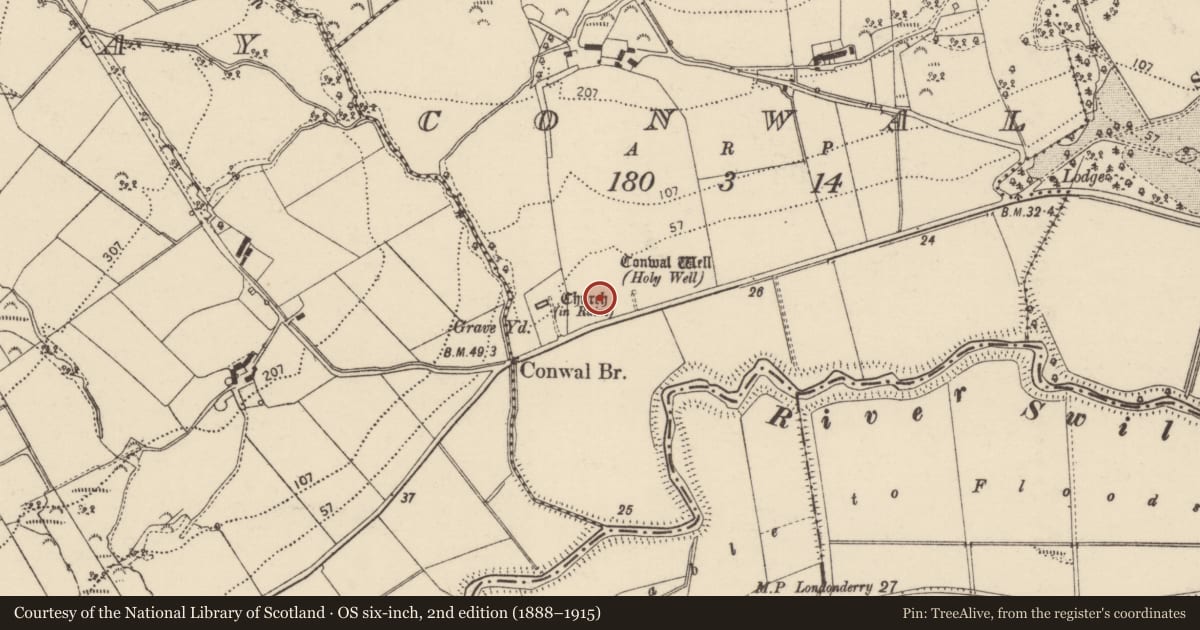 Ordnance Survey six-inch map, 2nd edition (1888–1915) covering the location of Graveyard, Conwal, County Donegal, with a pin at the register's coordinates