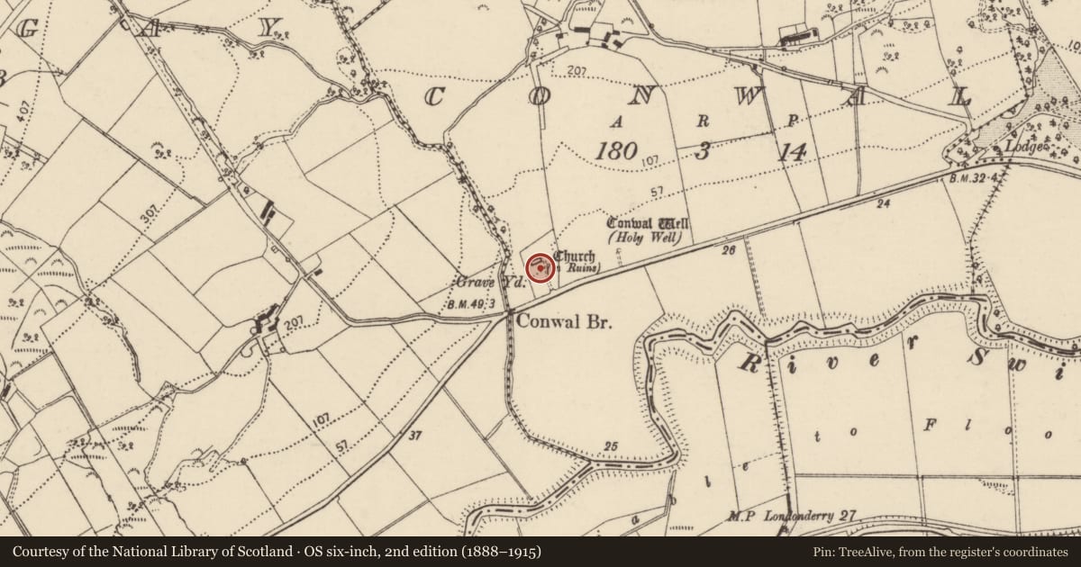 Ordnance Survey six-inch map, 2nd edition (1888–1915) covering the location of Cross-slab, Conwal, County Donegal, with a pin at the register's coordinates