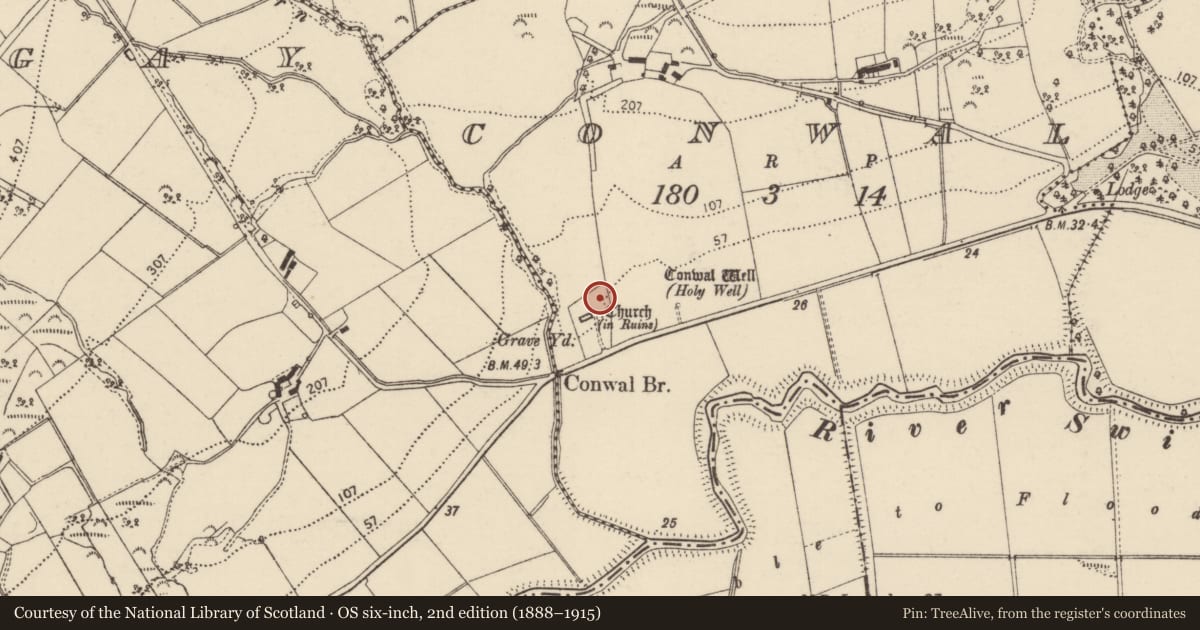 Ordnance Survey six-inch map, 2nd edition (1888–1915) covering the location of Cross-slab, Conwal, County Donegal, with a pin at the register's coordinates