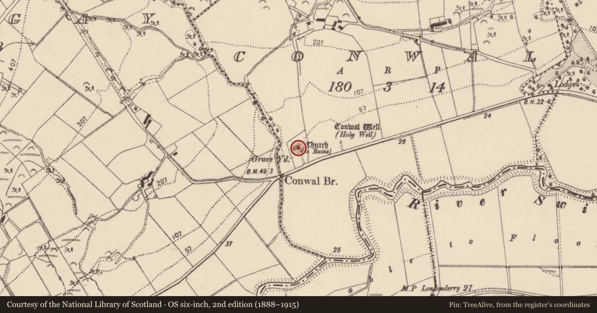 Ordnance Survey six-inch map, 2nd edition (1888–1915) covering the location of Architectural fragment, Conwal, County Donegal, with a pin at the register's coordinates