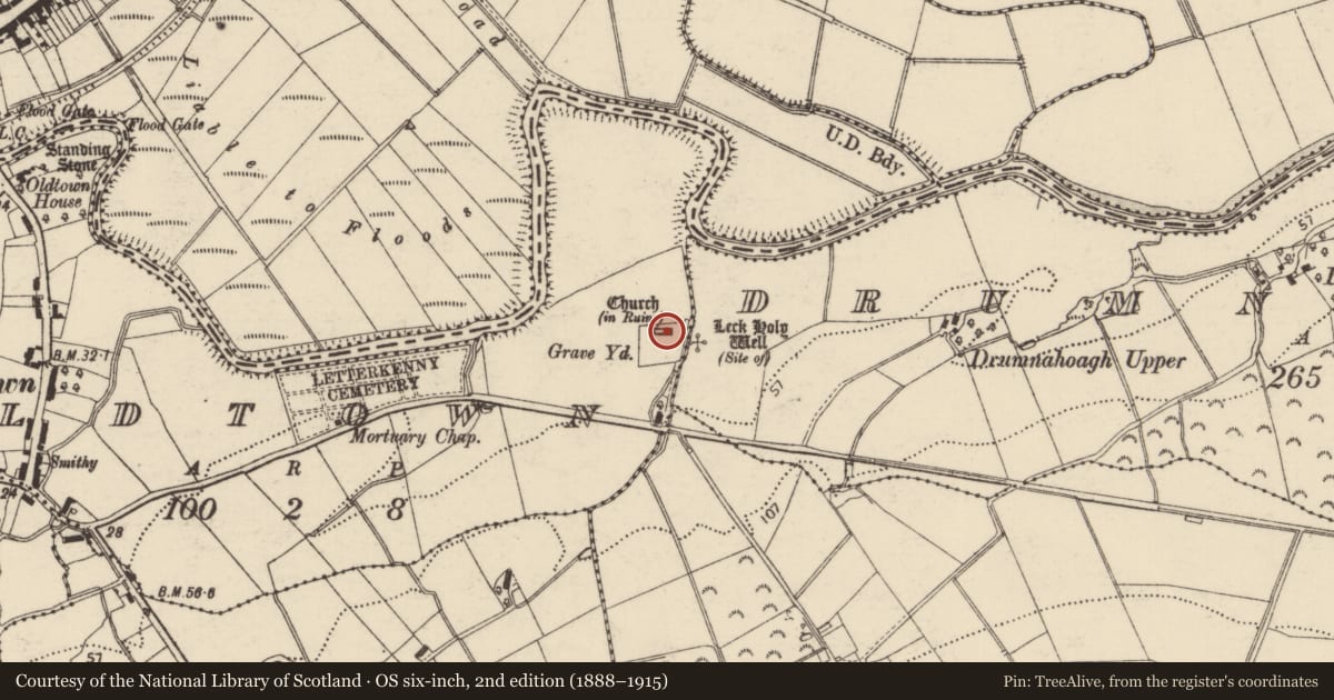 Ordnance Survey six-inch map, 2nd edition (1888–1915) covering the location of Church, Oldtown, County Donegal, with a pin at the register's coordinates