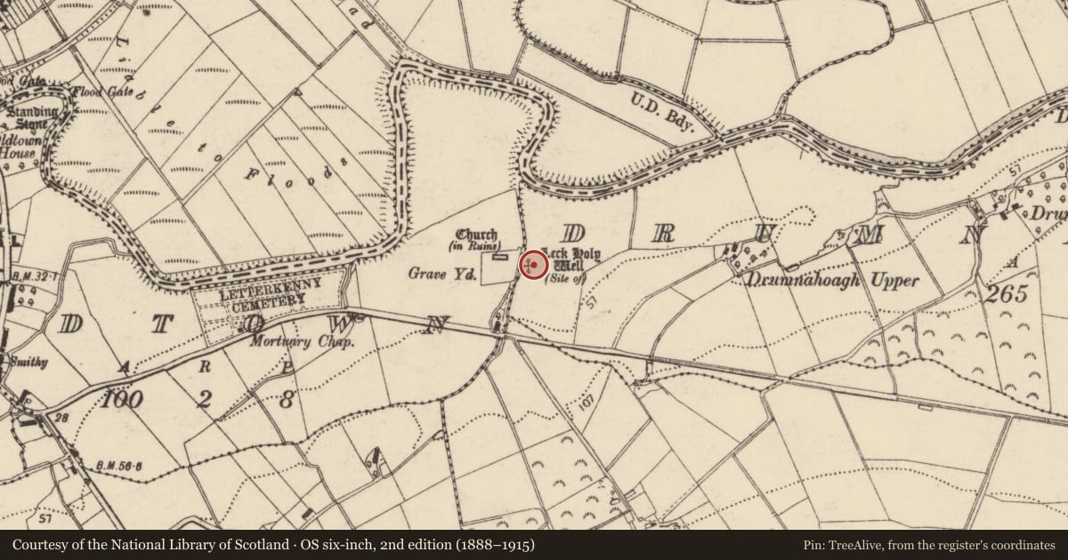 Ordnance Survey six-inch map, 2nd edition (1888–1915) covering the location of Ritual site - holy well, Drumnahough, County Donegal, with a pin at the register's coordinates