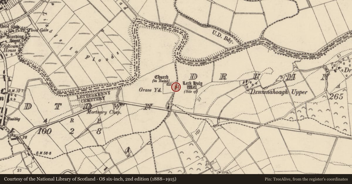 Ordnance Survey six-inch map, 2nd edition (1888–1915) covering the location of Bullaun stone, Drumnahough, County Donegal, with a pin at the register's coordinates