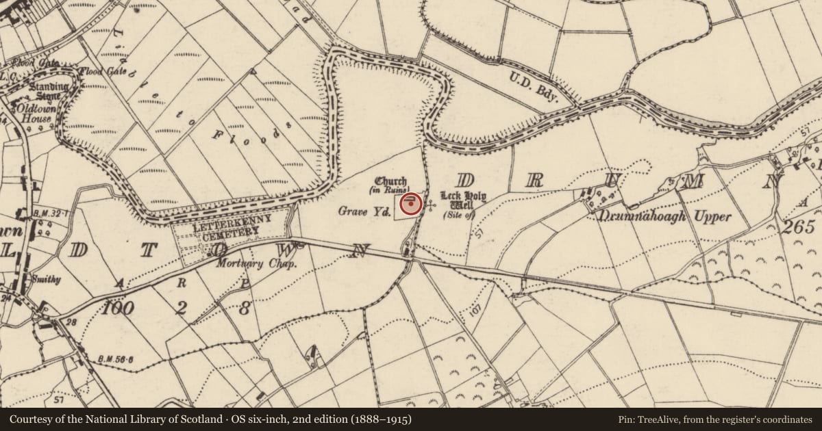 Ordnance Survey six-inch map, 2nd edition (1888–1915) covering the location of Graveyard, Drumnahough, County Donegal, with a pin at the register's coordinates