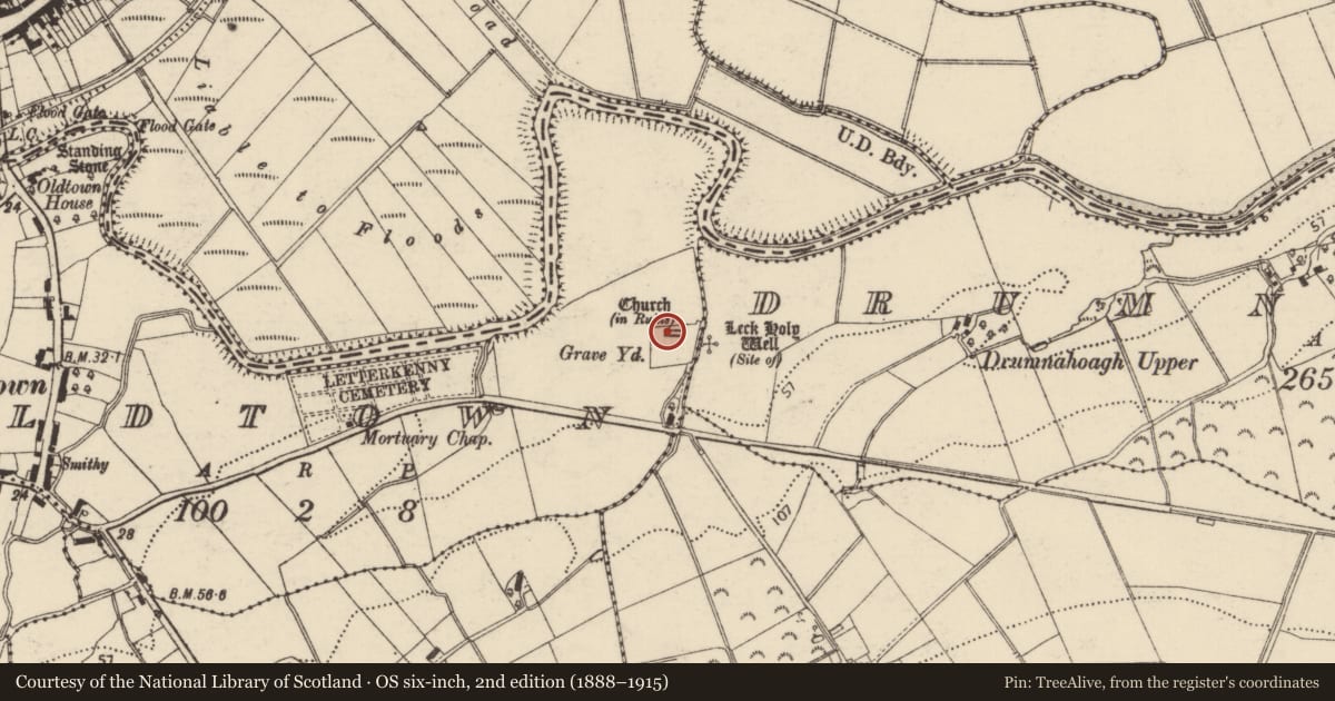 Ordnance Survey six-inch map, 2nd edition (1888–1915) covering the location of Cross-inscribed stone, Oldtown, County Donegal, with a pin at the register's coordinates