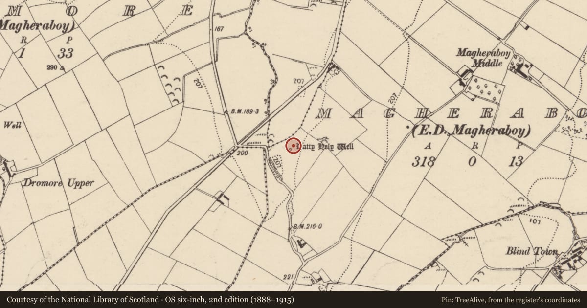 Ordnance Survey six-inch map, 2nd edition (1888–1915) covering the location of Ritual site - holy well, Magheraboy, County Donegal, with a pin at the register's coordinates
