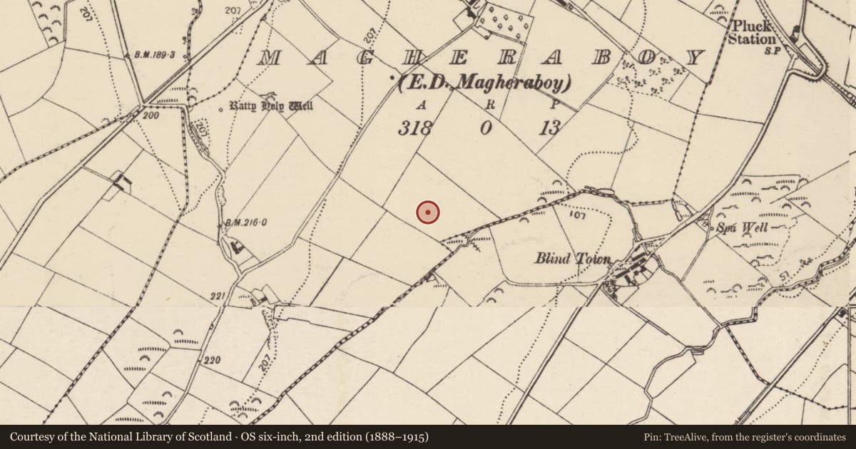Ordnance Survey six-inch map, 2nd edition (1888–1915) covering the location of Standing stone, Magheraboy, County Donegal, with a pin at the register's coordinates