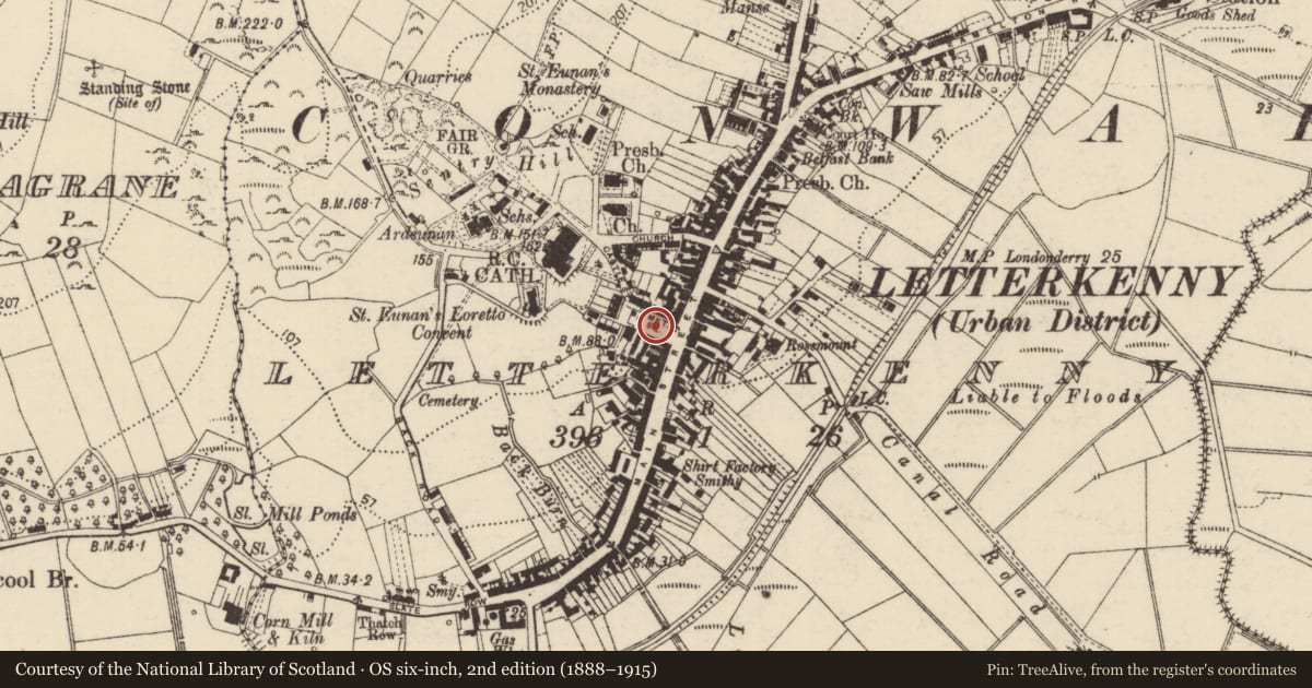 Ordnance Survey six-inch map, 2nd edition (1888–1915) covering the location of Historic town, Letterkenny, County Donegal, with a pin at the register's coordinates