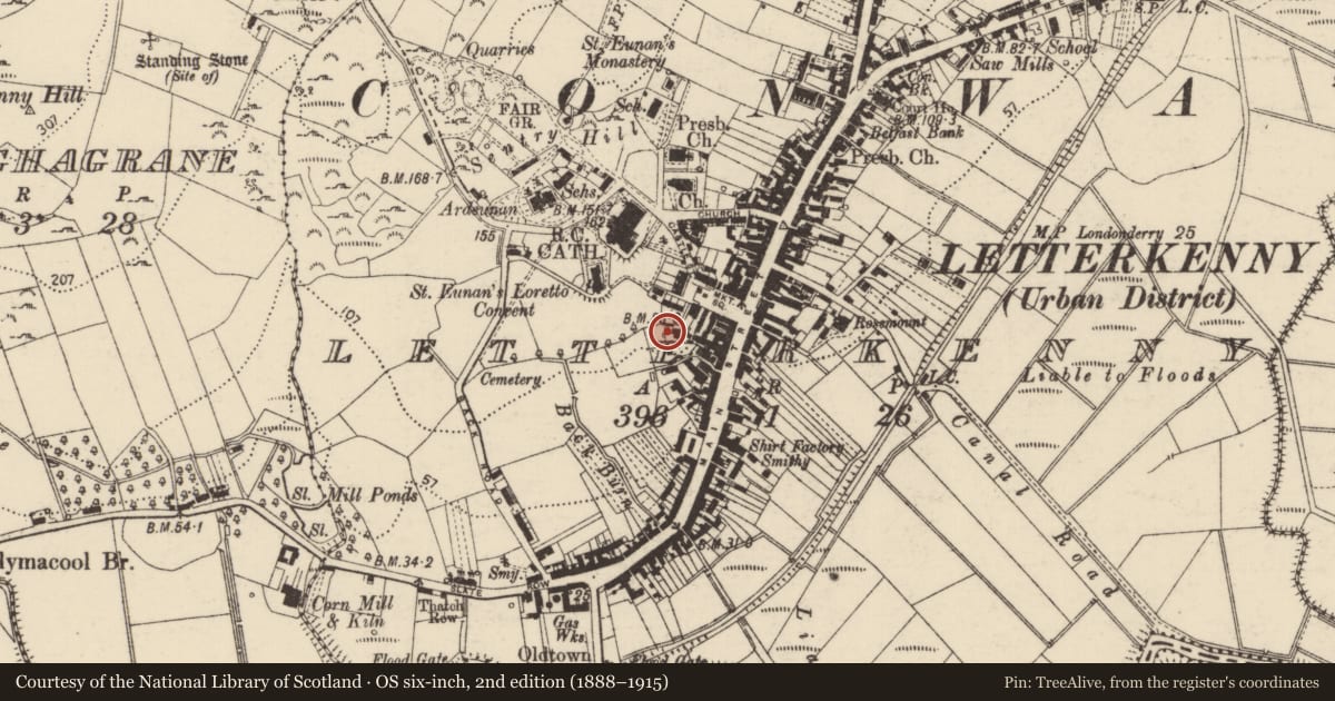 Ordnance Survey six-inch map, 2nd edition (1888–1915) covering the location of Bawn, Letterkenny, County Donegal, with a pin at the register's coordinates