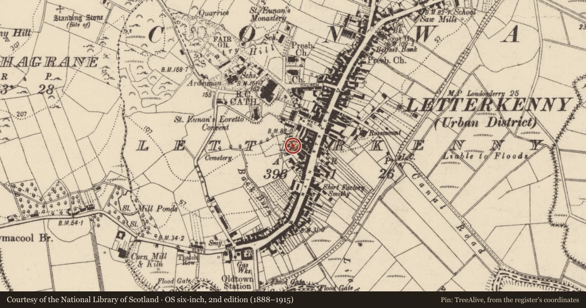Ordnance Survey six-inch map, 2nd edition (1888–1915) covering the location of Well, Letterkenny, County Donegal, with a pin at the register's coordinates