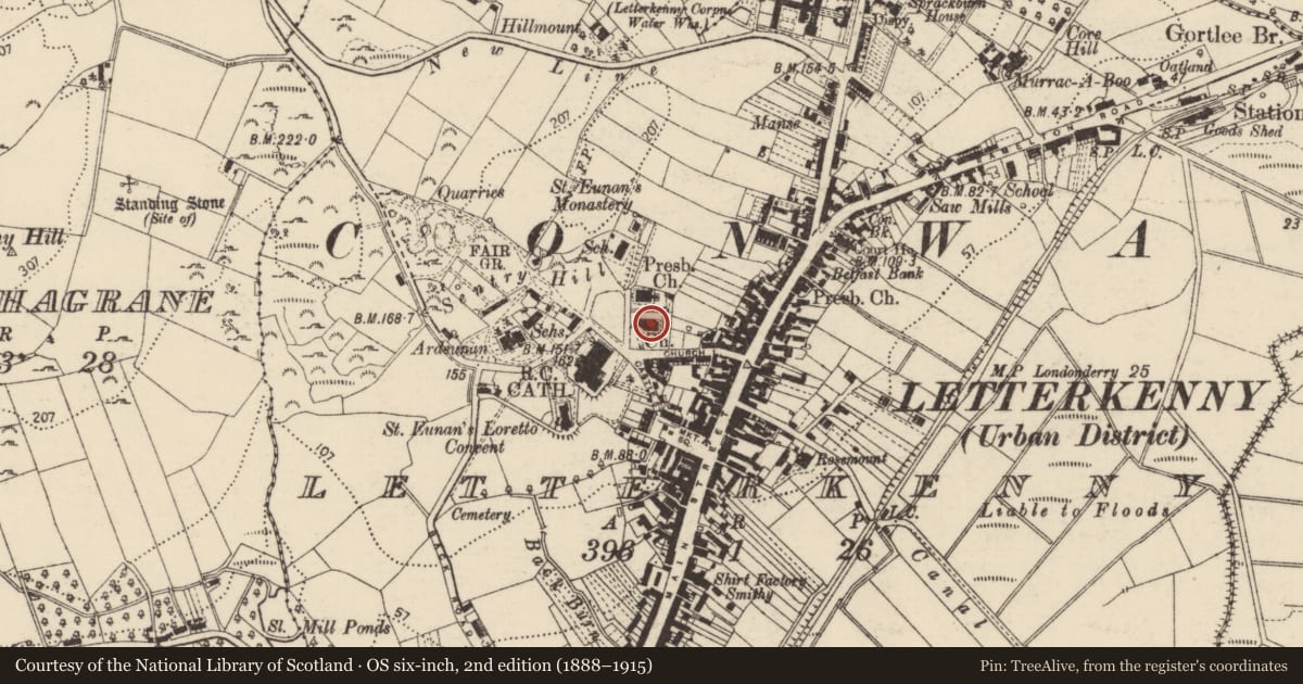 Ordnance Survey six-inch map, 2nd edition (1888–1915) covering the location of Church, Letterkenny, County Donegal, with a pin at the register's coordinates
