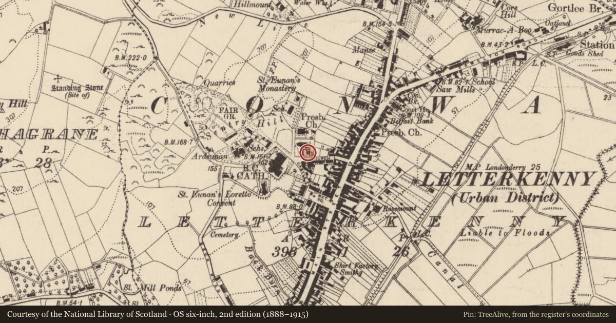Ordnance Survey six-inch map, 2nd edition (1888–1915) covering the location of Graveyard, Letterkenny, County Donegal, with a pin at the register's coordinates