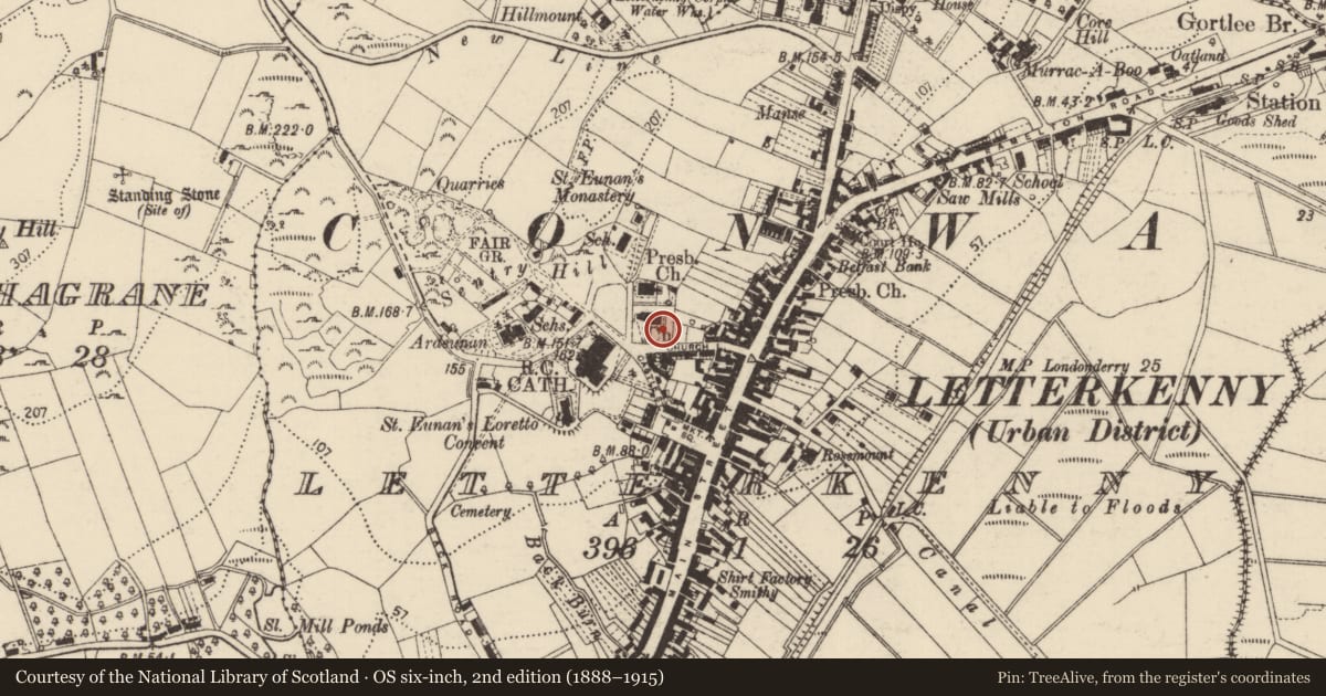 Ordnance Survey six-inch map, 2nd edition (1888–1915) covering the location of Graveslab, Letterkenny, County Donegal, with a pin at the register's coordinates