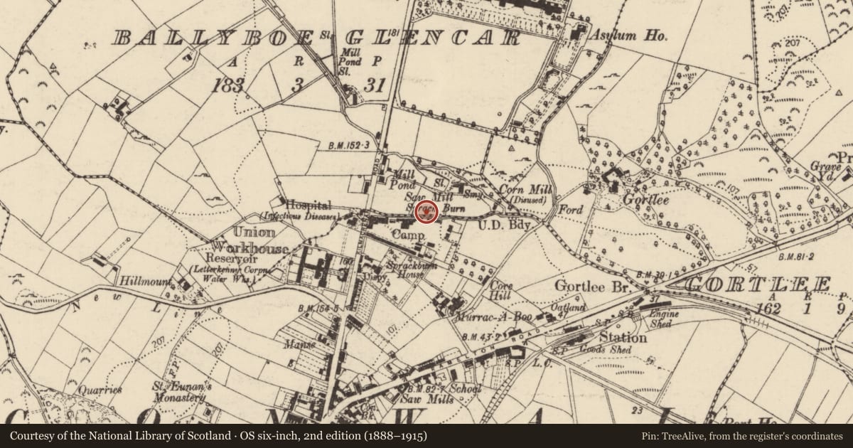 Ordnance Survey six-inch map, 2nd edition (1888–1915) covering the location of Burnt mound, Ballyboe Glencar, County Donegal, with a pin at the register's coordinates