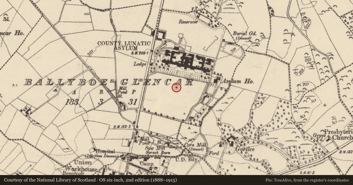 Ordnance Survey six-inch map, 2nd edition (1888–1915) covering the location of Souterrain, Ballyboe Glencar, County Donegal, with a pin at the register's coordinates