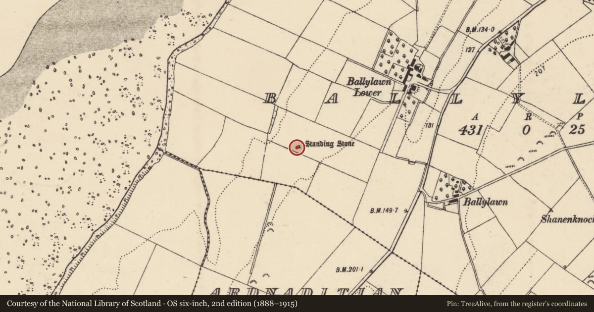 Ordnance Survey six-inch map, 2nd edition (1888–1915) covering the location of Standing stone, Ballylawn, County Donegal, with a pin at the register's coordinates