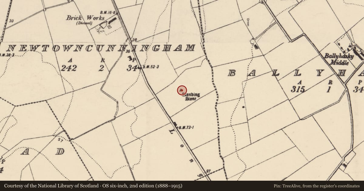 Ordnance Survey six-inch map, 2nd edition (1888–1915) covering the location of Standing stone, Newtowncunningham, County Donegal, with a pin at the register's coordinates