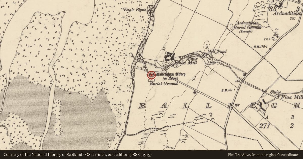 Ordnance Survey six-inch map, 2nd edition (1888–1915) covering the location of Religious house - Franciscan Third Order Regular, Balleeghan, County Donegal, with a pin at the register's coordinates