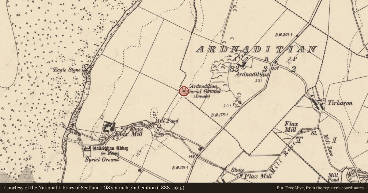 Ordnance Survey six-inch map, 2nd edition (1888–1915) covering the location of Burial ground, Ardnaditian, County Donegal, with a pin at the register's coordinates