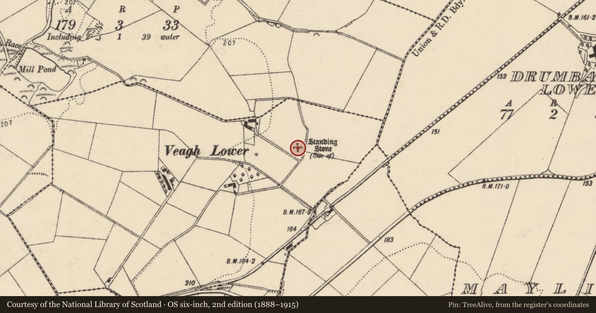 Ordnance Survey six-inch map, 2nd edition (1888–1915) covering the location of Standing stone, Veagh, County Donegal, with a pin at the register's coordinates