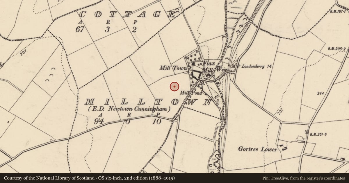 Ordnance Survey six-inch map, 2nd edition (1888–1915) covering the location of Enclosure, Milltown, County Donegal, with a pin at the register's coordinates