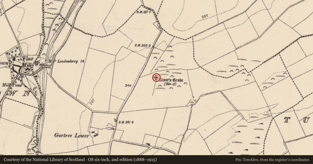 Ordnance Survey six-inch map, 2nd edition (1888–1915) covering the location of Megalithic tomb - unclassified, Gortree, County Donegal, with a pin at the register's coordinates