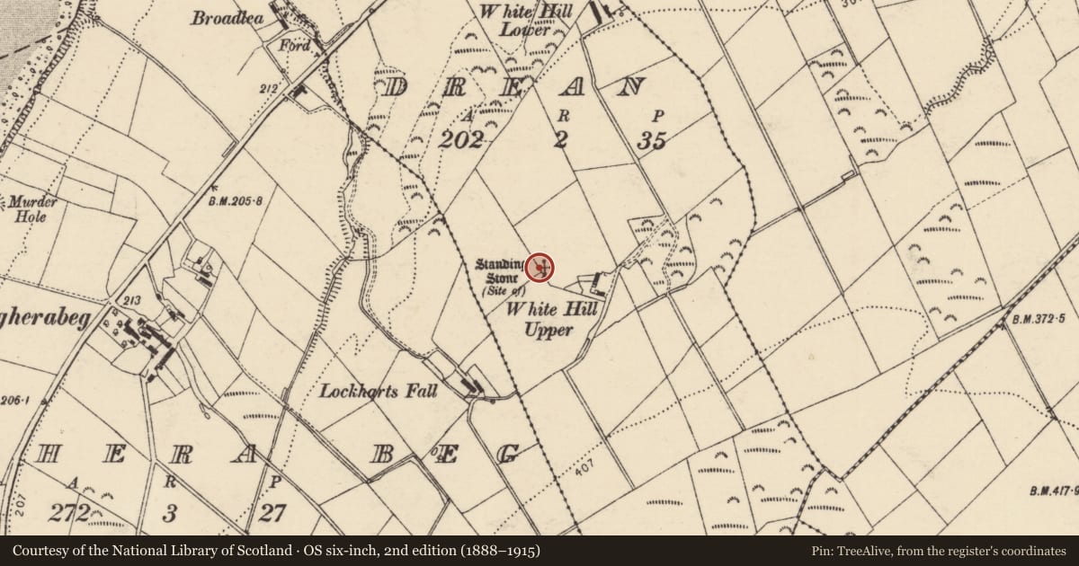 Ordnance Survey six-inch map, 2nd edition (1888–1915) covering the location of Standing stone, Drean, County Donegal, with a pin at the register's coordinates