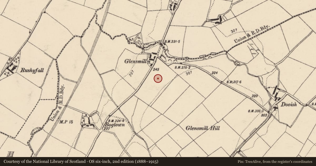 Ordnance Survey six-inch map, 2nd edition (1888–1915) covering the location of Enclosure, Dooish, County Donegal, with a pin at the register's coordinates